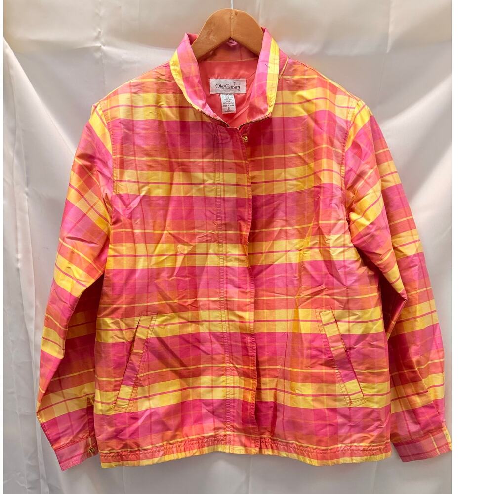 Vintage 80s‎ Plaid Bomber Jacket Womens Small Oleg Cassini Shantung Silk Leisure
